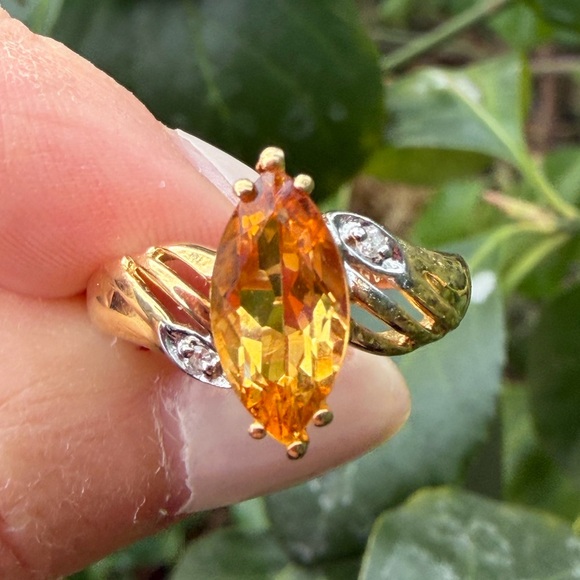 VINTAGE SOLID 14K YELLOW GOLD MARQUISE NAVETTE GOLDEN HONEY CITRINE DIAMOND RING